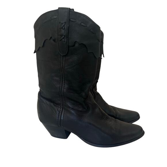 Laredo Black Leather Western Cowboy Boots, Scalloped Trim, Size 8M, USA Made - Picture 1 of 11
